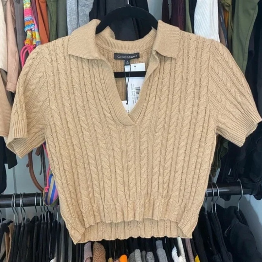 NWOT Tan Cable Knit Collared Sweater